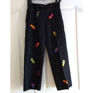 Deane &‎ White 100% Linen Pants Black Cropped Embroidered Flip Flops Womens 8